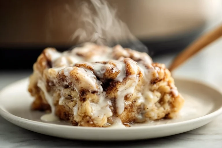 plated Crock Pot Cinnamon Roll Casserole on a modern kitchen counter