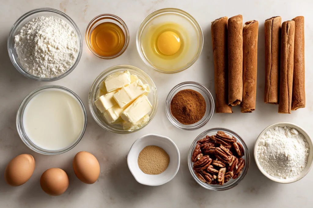 overhead ingredients for Crock Pot Cinnamon Roll Casserole arranged on a modern kitchen counter