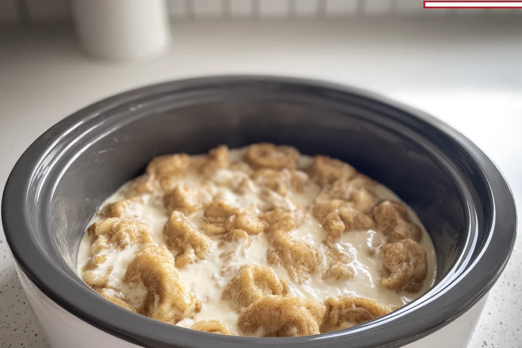slow cooker filled with layered cinnamon roll pieces for Crock Pot Cinnamon Roll Casserole