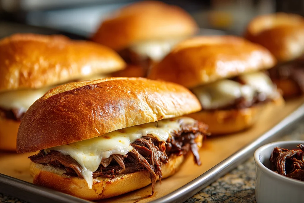 Assembling Crock Pot French Dip sandwiches with melted provolone