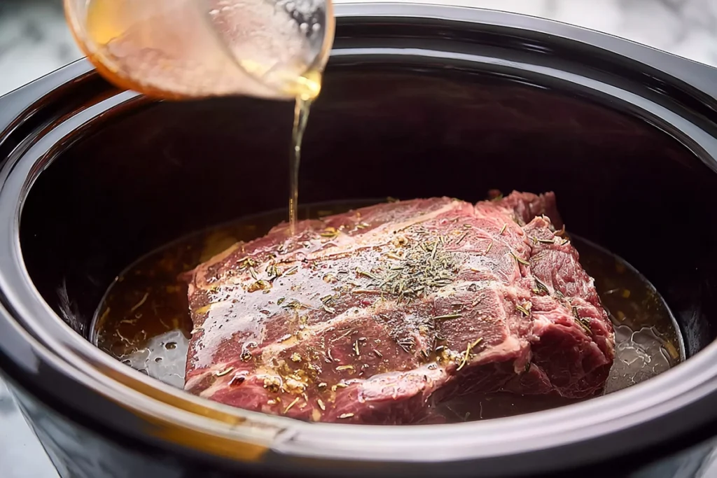 Building the cooking liquid for Crock Pot French Dip inside slow cooker