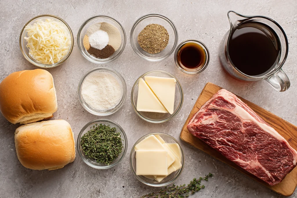 Overhead view of Crock Pot French Dip ingredients arranged neatly