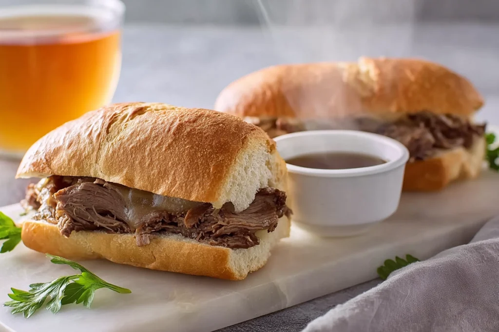 Served Crock Pot French Dip sandwiches with au jus on platter