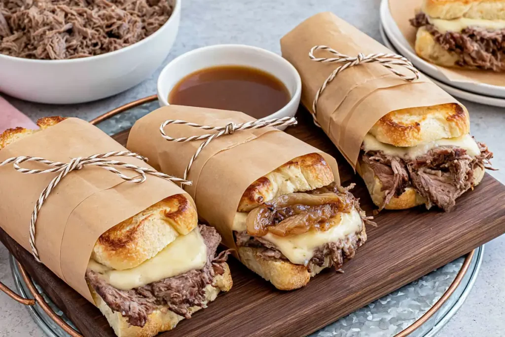 Wrapped Crock Pot French Dip sandwiches served on a tray with warm au jus