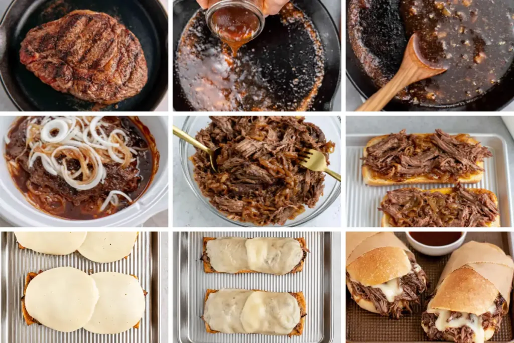 Step-by-step Crock Pot French Dip process with seared beef, shredded roast, toasted rolls, and au jus