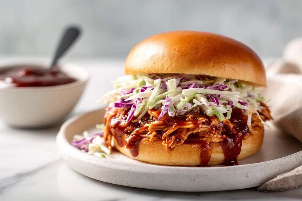 Best Crockpot BBQ Chicken sandwich with coleslaw served on marble counterto