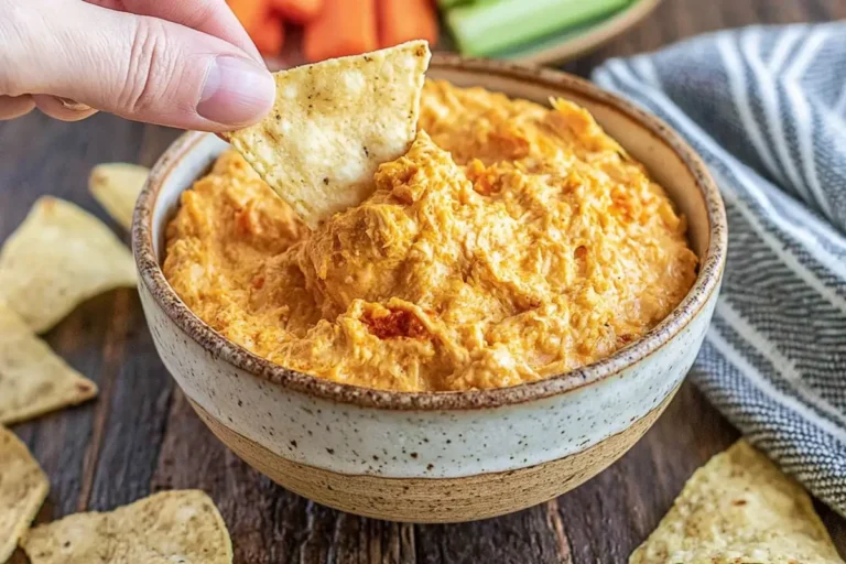 Mohamed Ayad's Crockpot Buffalo Chicken Dip Recipe with tortilla chips and fresh vegetables