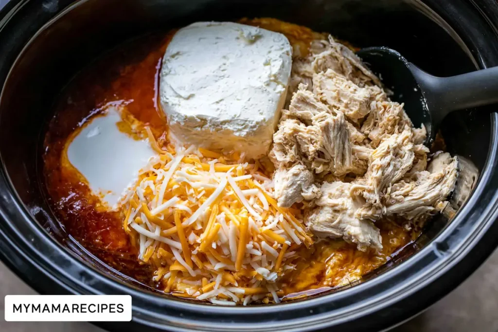 Crockpot Buffalo Chicken Dip That Stays Creamy for Every Gathering 3 Crockpot Buffalo Chicken Dip ingredients arranged inside a slow cooker before cooking