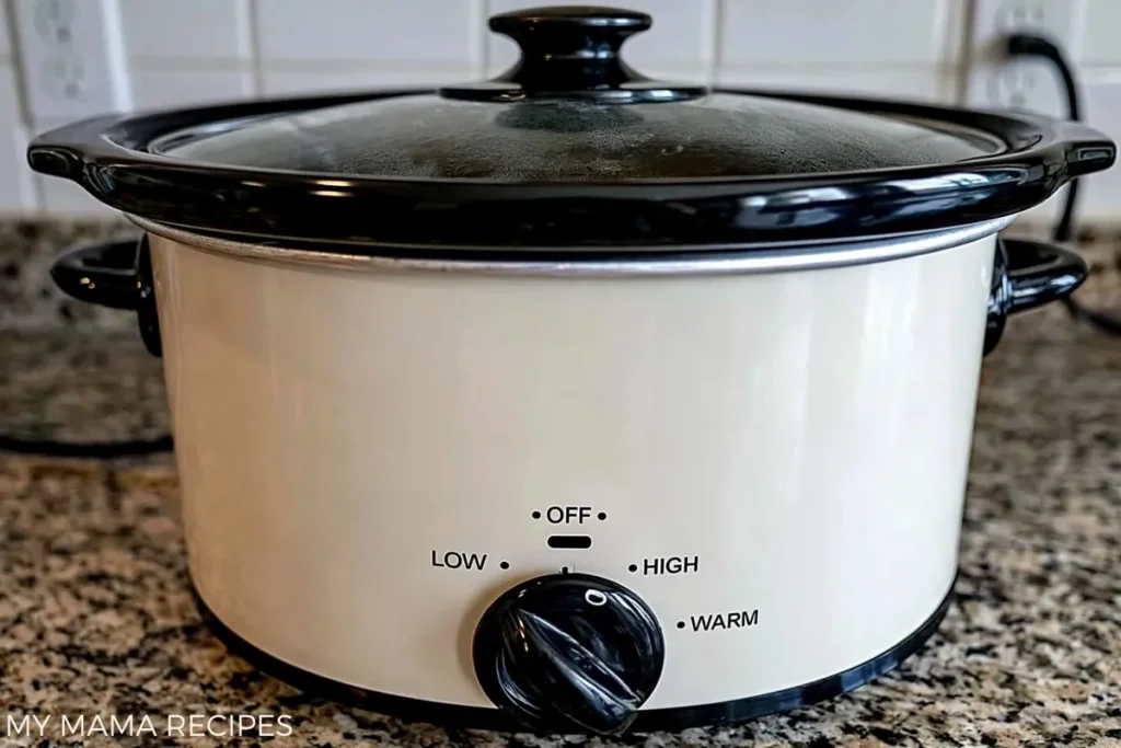 Crockpot Buffalo Chicken Dip That Stays Creamy for Every Gathering 5 Slow cooker set to LOW for making creamy Crockpot Buffalo Chicken Dip