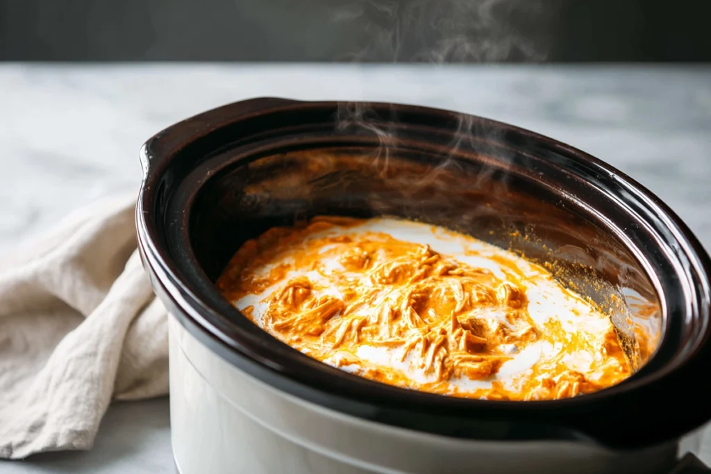 Close-up of Crockpot Buffalo Chicken Dip mixing during cooking