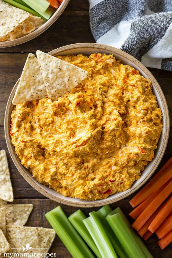 Crockpot Buffalo Chicken Dip That Stays Creamy for Every Gathering 2 Creamy Crockpot Buffalo Chicken Dip surrounded by tortilla chips, carrots, and celery