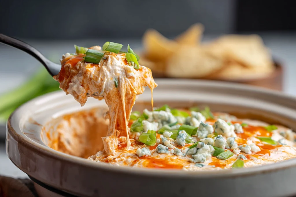 Close-up serving of Crockpot Buffalo Chicken Dip with garnish and steam rising