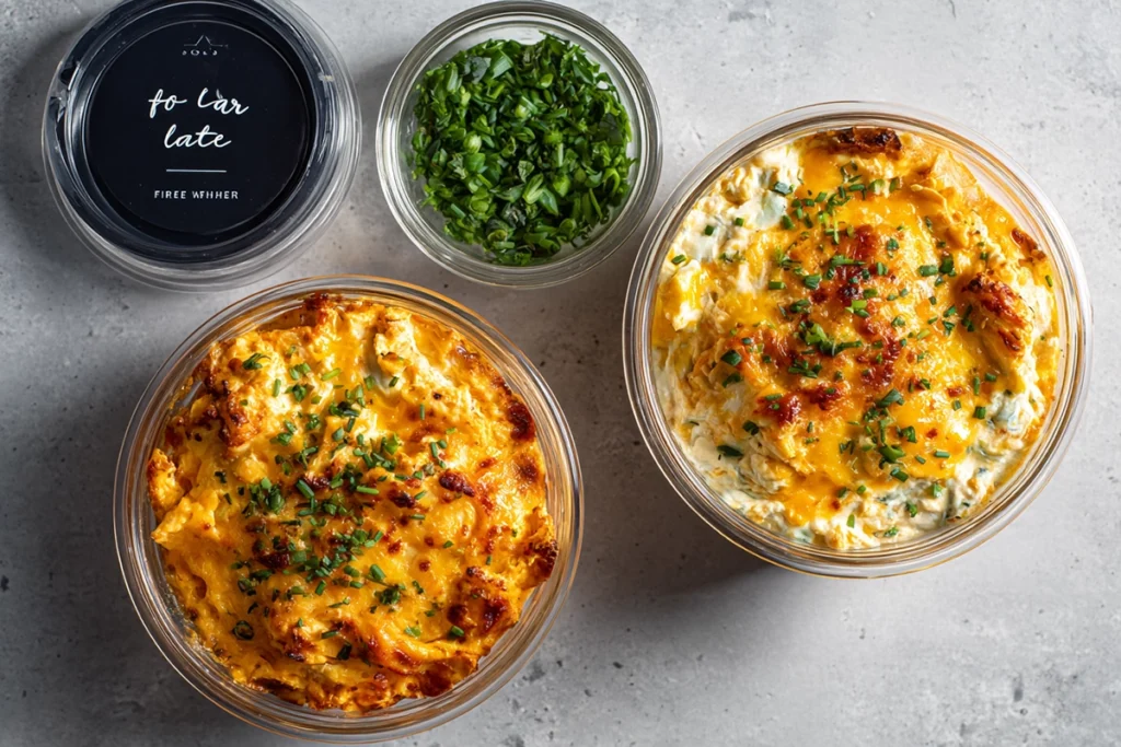 Overhead shot of two Crockpot Buffalo Chicken Dip variations and stored leftovers