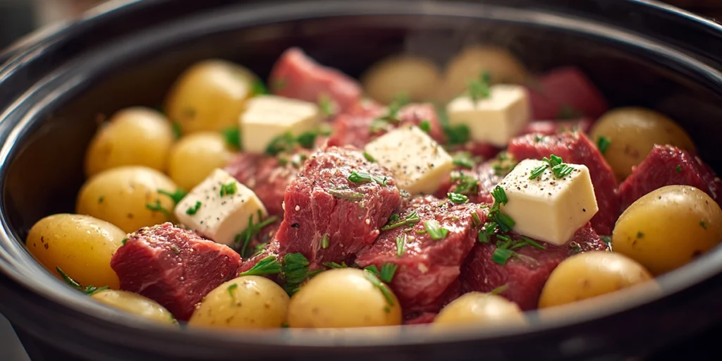 Crockpot filled with beef bites, potatoes, garlic, and butter before cooking