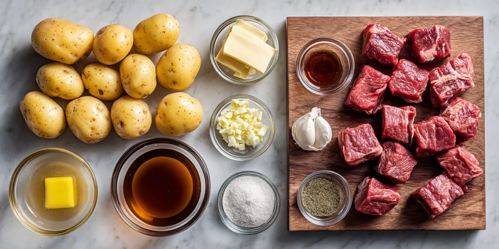 Overhead ingredients layout for Crockpot Garlic Butter Beef Bites Potatoes