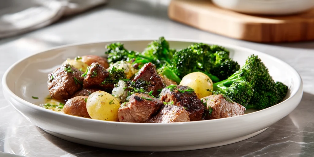 Plated serving of Crockpot Garlic Butter Beef Bites Potatoes with broccoli