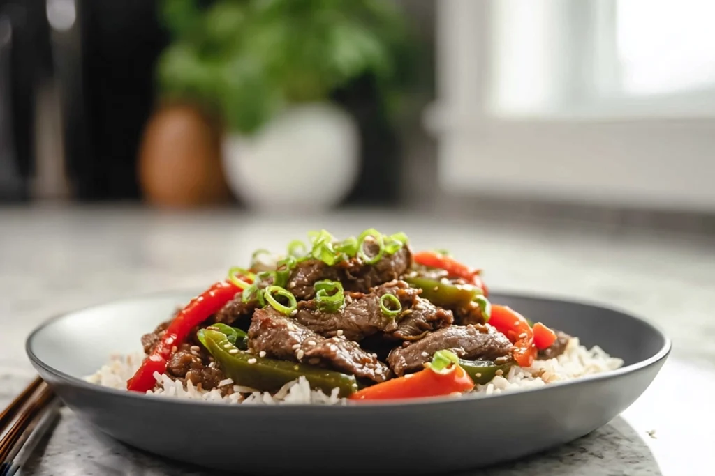 Crockpot Pepper Steak served over white rice in a modern kitchen setting