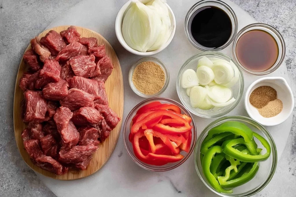 Overhead image of Crockpot Pepper Steak ingredients arranged in glass bowls