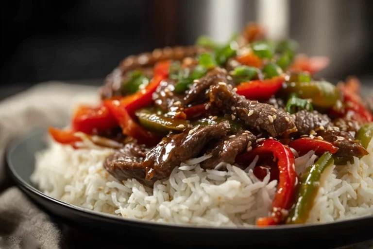 Photorealistic hero shot of Crockpot Pepper Steak plated in a modern kitchen