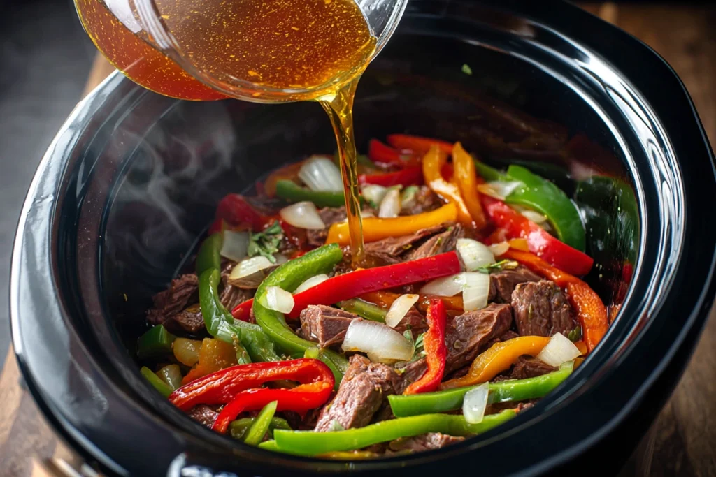 Slow cooker filled with Crockpot Pepper Steak ingredients before cooking