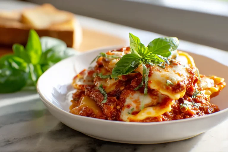 Crockpot ravioli lasagna with cheese, basil garnish, and marinara sauce.
