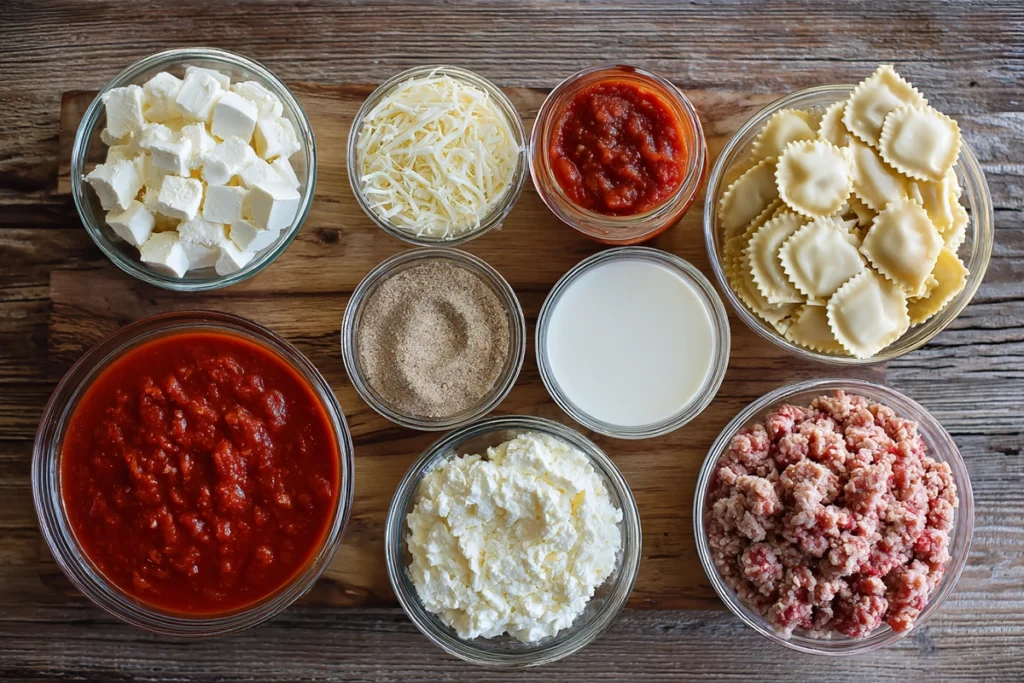 Ingredients for Crockpot ravioli lasagna: cheese, marinara sauce, ravioli, and ground meat.