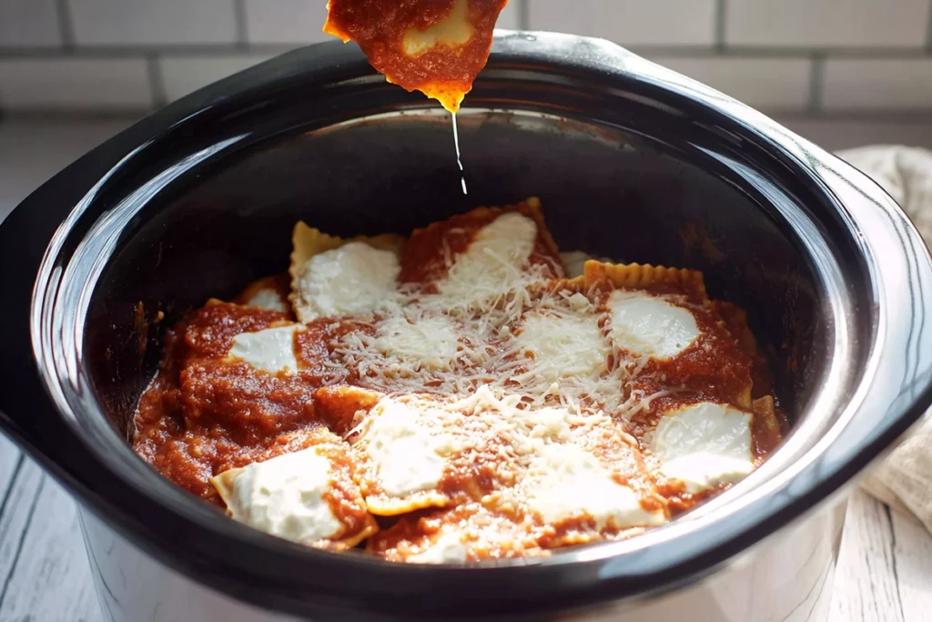 Layering ravioli, marinara sauce, and cheese for Crockpot lasagna in a slow cooker.
