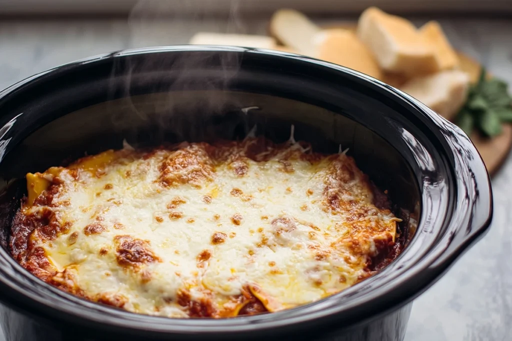 Close-up of melted cheese bubbling on Crockpot Ravioli Lasagna in the slow cooker.