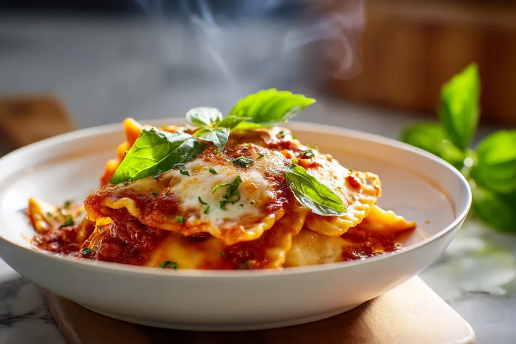 Plated serving of Crockpot Ravioli Lasagna with melted cheese and fresh basil.
