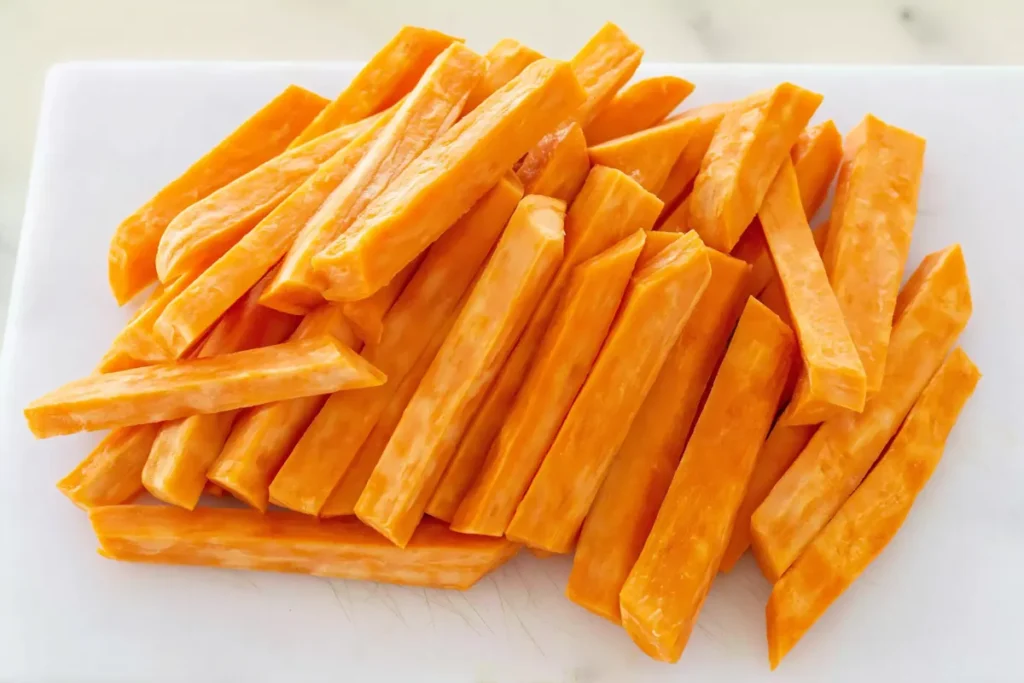 Cut sweet potato fries prepared for Oven Baked Sweet Potato Fries