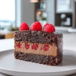 Dark Chocolate Raspberry Mousse Cake on a plate in bright natural kitchen setting