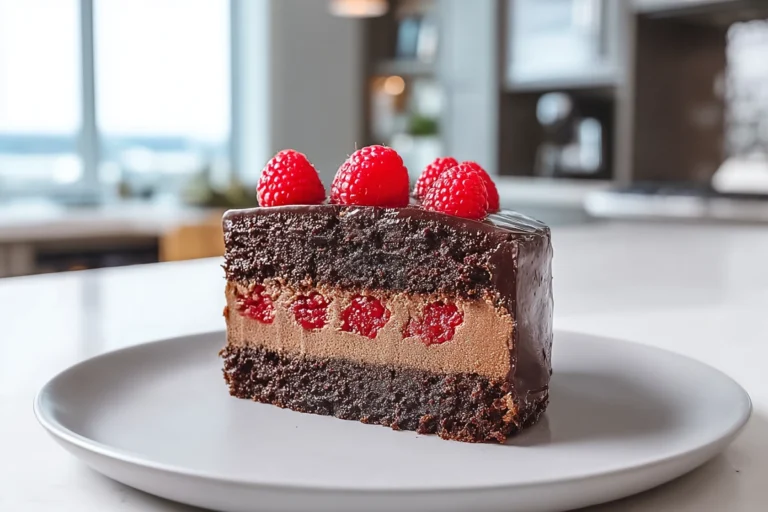 Dark Chocolate Raspberry Mousse Cake on a plate in bright natural kitchen setting