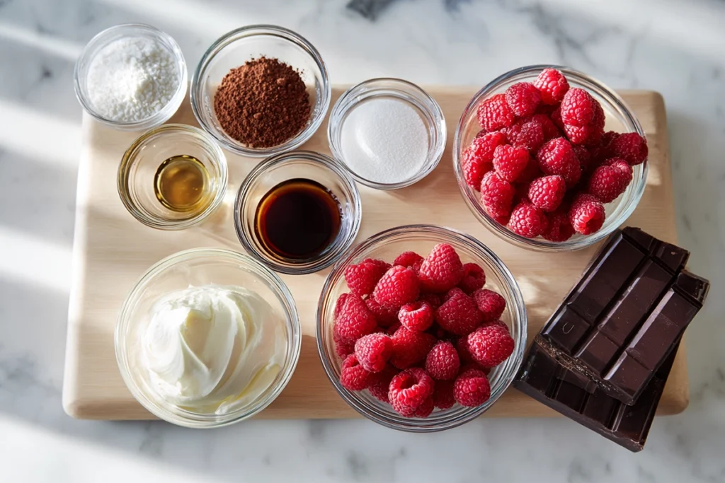Ingredients for Dark Chocolate Raspberry Mousse Cake arranged neatly in glass bowls