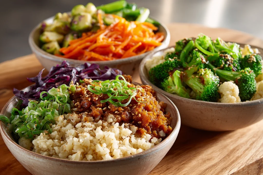 trio of dietary variation bowls for ground turkey rice bowls including low-carb vegan gluten-free