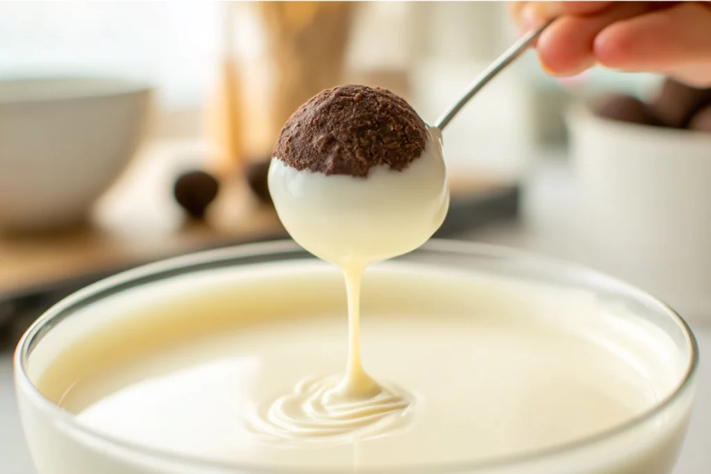 truffle being dipped in melted white chocolate for ghost oreo ball truffles