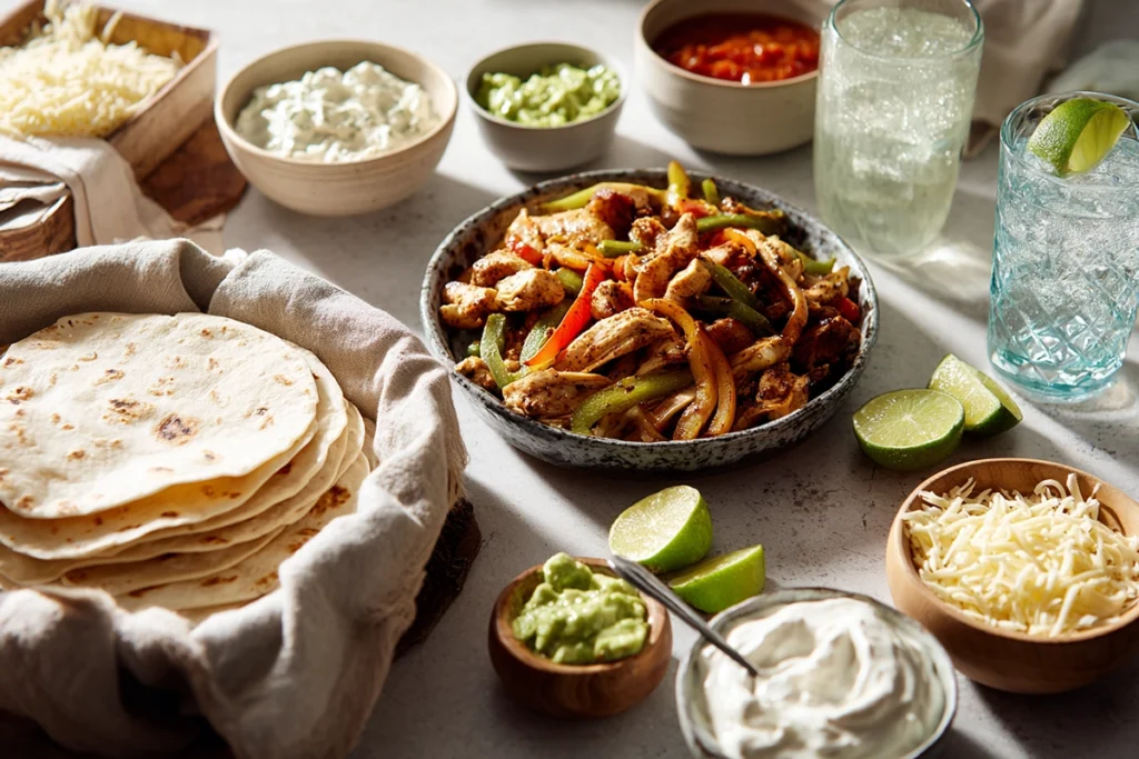 chicken fajitas bar with tortillas, toppings, and sides on a clean kitchen table