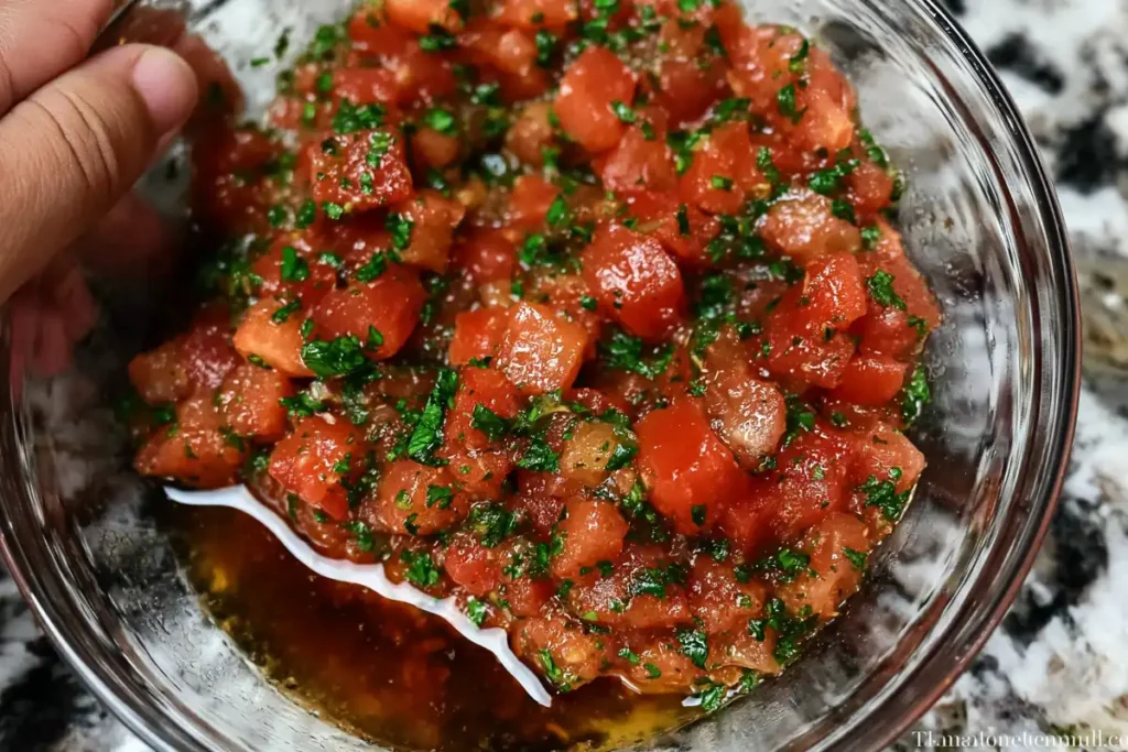 Bruschetta Dip with Creamy Boursin and Fresh Tomatoes 7 Bruschetta Dip Tomato Topping with Excess Juices Collected in the Bowl