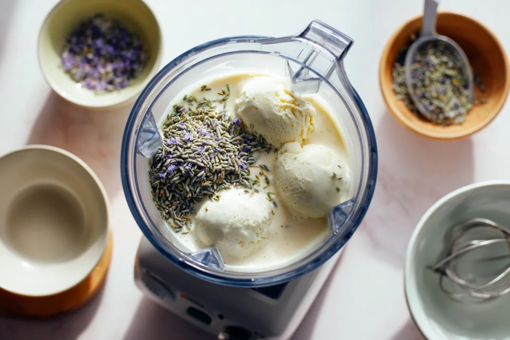 blender filled with ingredients for Earl Grey Lavender Milkshake before blending