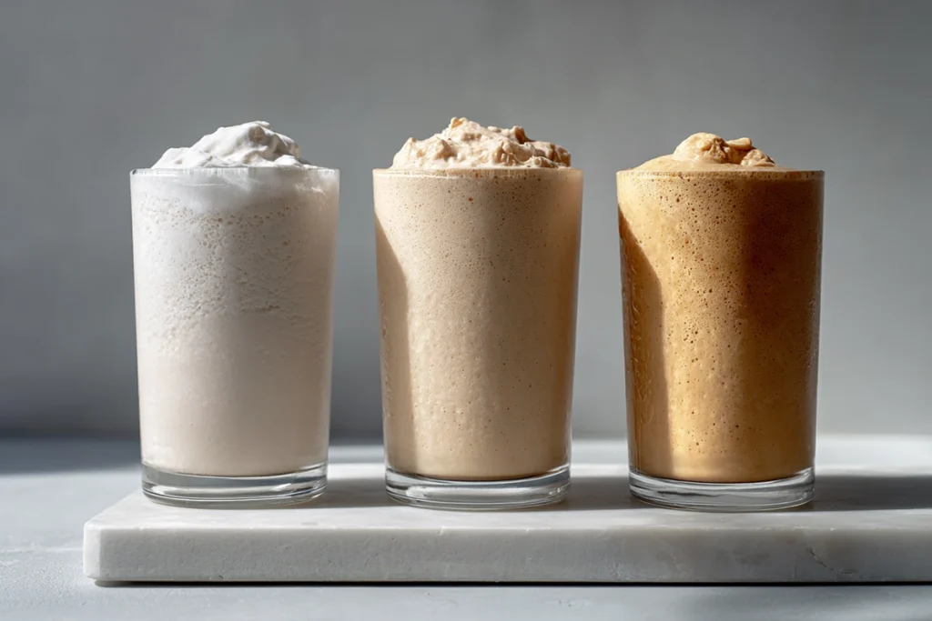 three dietary variations of Earl Grey Lavender Milkshake displayed on modern counter