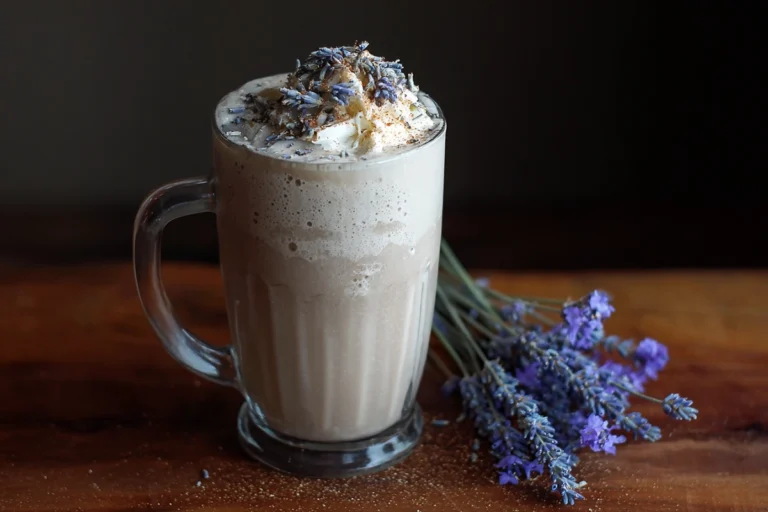 photorealistic Earl Grey Lavender Milkshake on modern kitchen counter