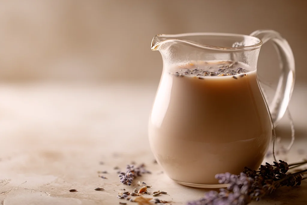close-up infused milk with Earl Grey and lavender for Earl Grey Lavender Milkshake