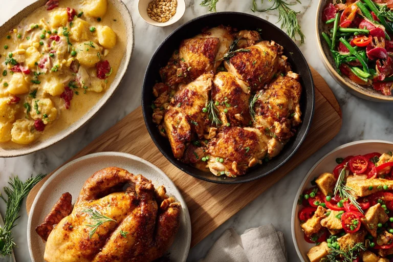 Hero food image featuring a roundup of easy chicken dinner recipes on a rustic kitchen surface