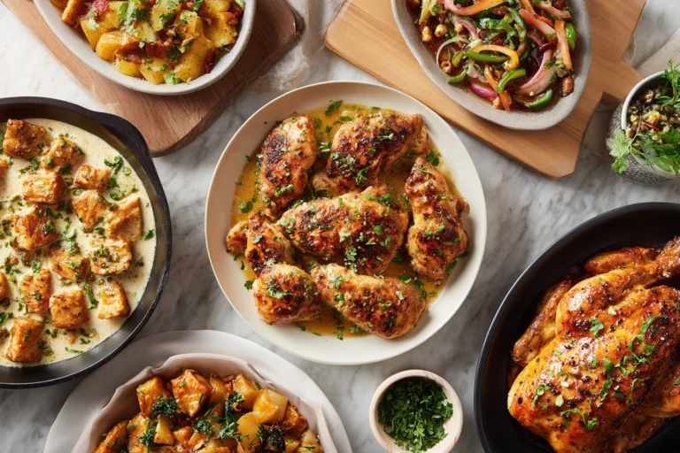 Hero food image featuring a roundup of easy chicken dinner recipes on a rustic kitchen surface