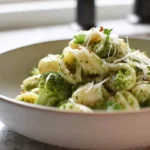 finished plate of Easy Healthy Broccoli Pasta served in a modern kitchen