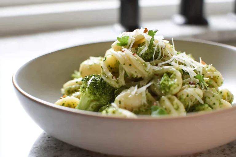 finished plate of Easy Healthy Broccoli Pasta served in a modern kitchen