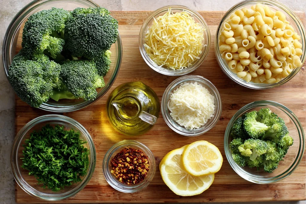overhead view of ingredients for Easy Healthy Broccoli Pasta arranged in glass bowls