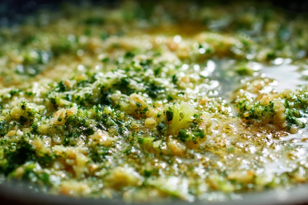 close-up of broccoli and garlic sauce being made for Easy Healthy Broccoli Pasta