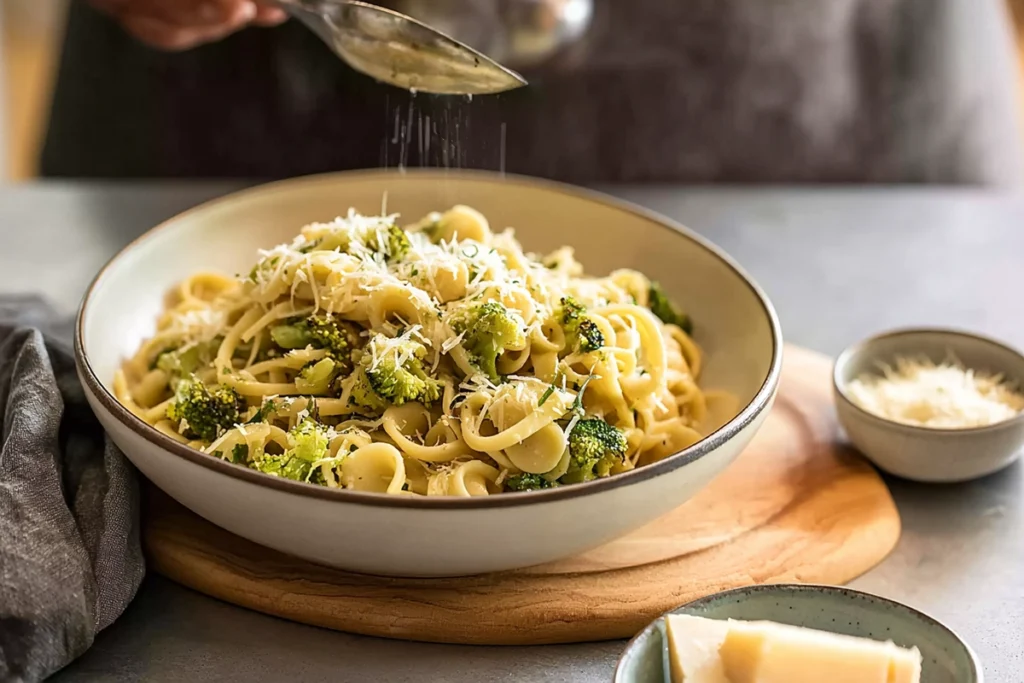 final serving bowl of Easy Healthy Broccoli Pasta with garnish