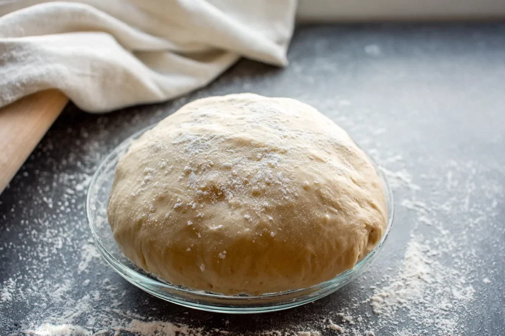 risen pretzel dough in glass bowl for easy homemade soft pretzels