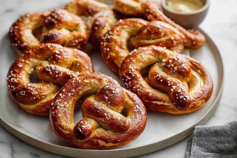 golden easy homemade soft pretzels on white plate in modern kitchen